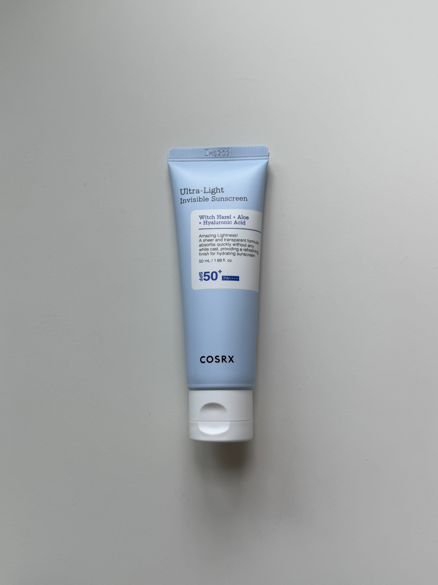 COSRX Ultra-Light Invisible Sunscreen tube — SPF50+ PA++++ 50ml, Witch Hazel and Hyaluronic Acid