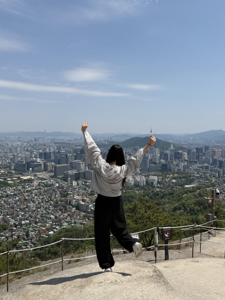 Panoramic view of central Seoul from Inwangsan summit — N Seoul Tower, 63 Building, Lotte World Tower, Gyeongbokgung Palace visible