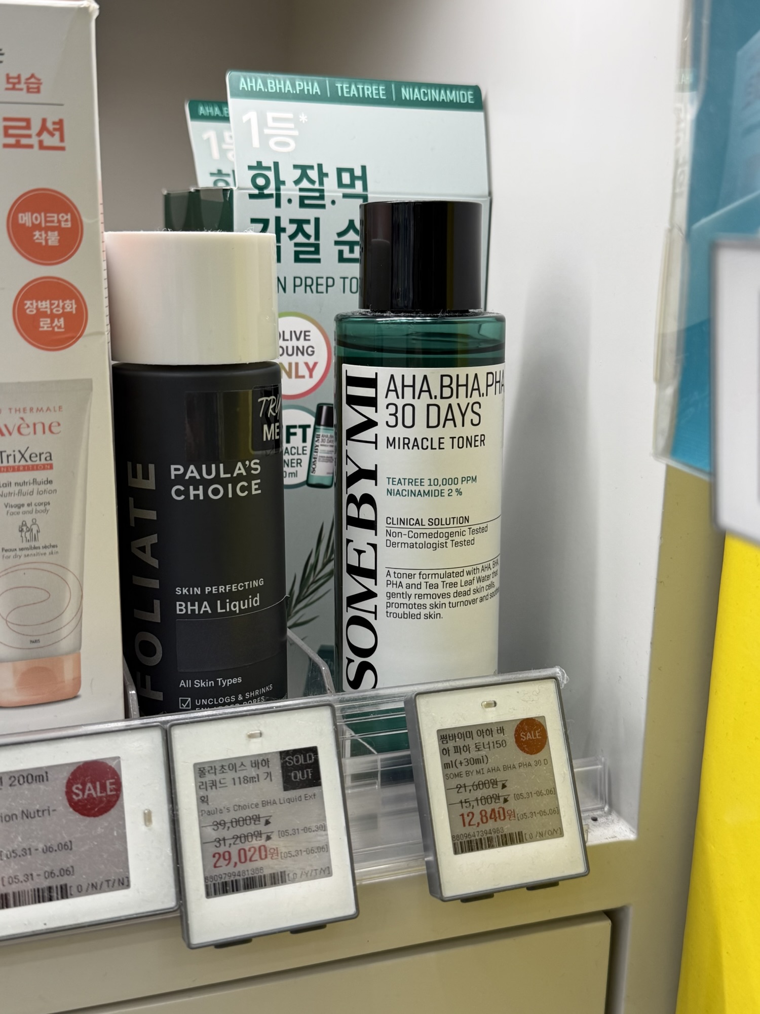 SOME BY MI Miracle Toner on an Olive Young sale shelf with 12840 won price tag