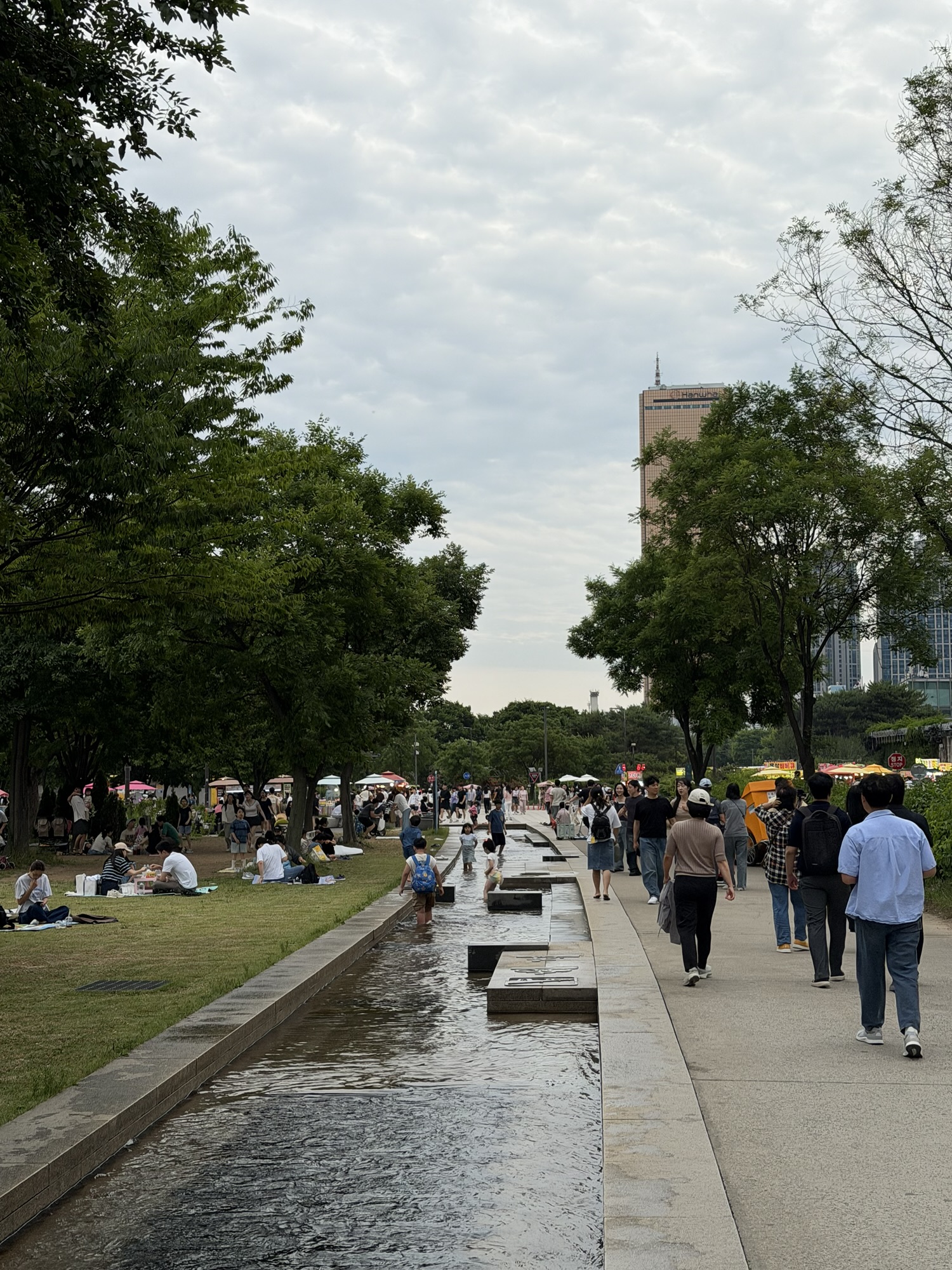Crowded lawn at Yeouido Hangang Park in early summer, people sitting on picnic mats by the Han River