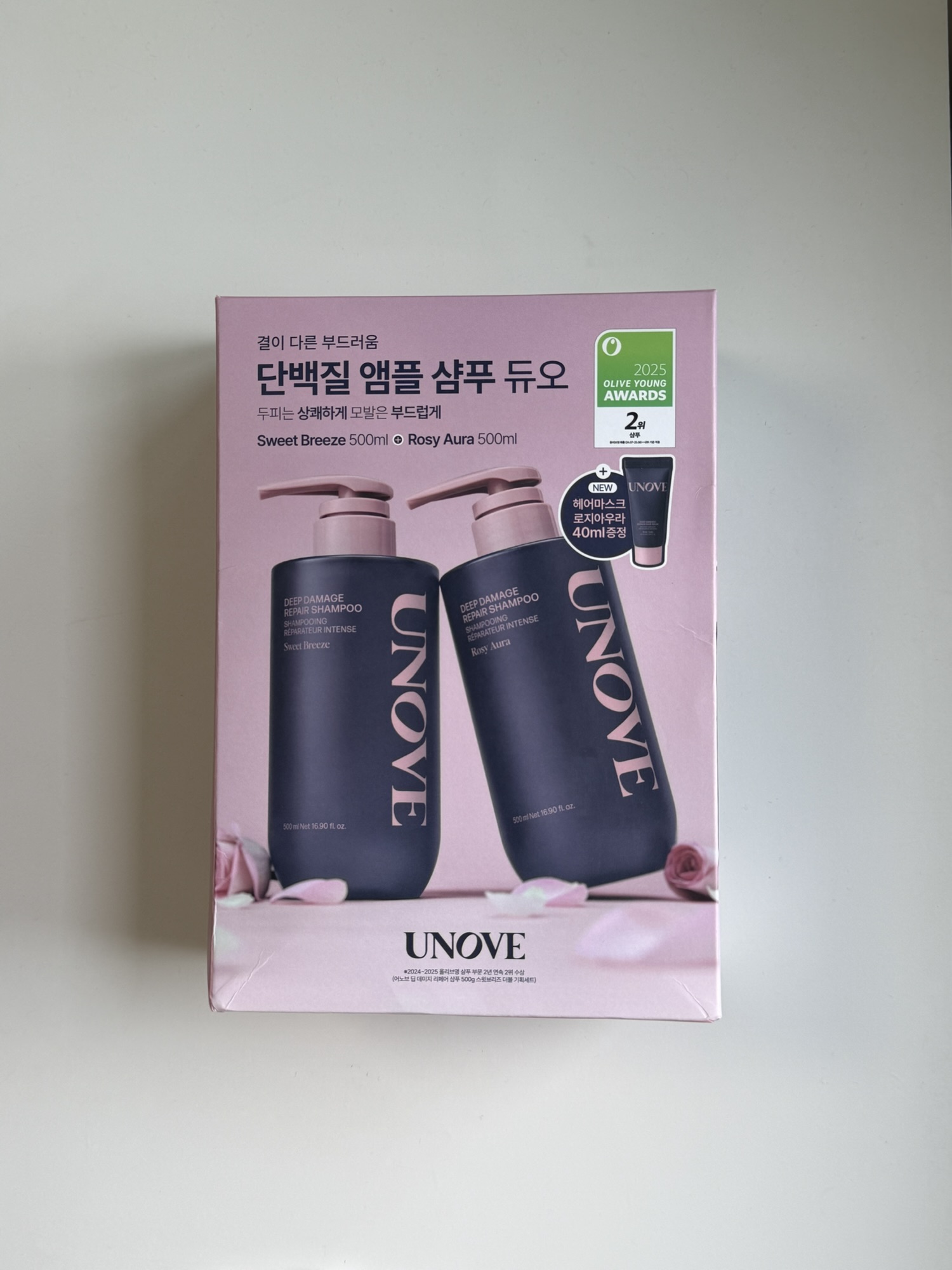 UNOVE Deep Damage Repair Shampoo duo box with Sweet Breeze and Rosy Aura bottles