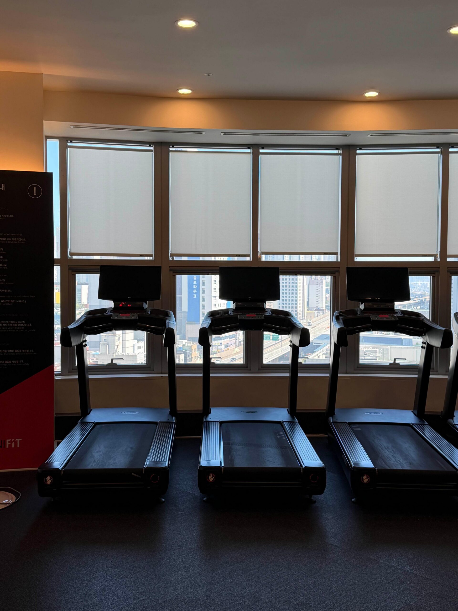 Cardio machines with city view at Avani Central Busan gym