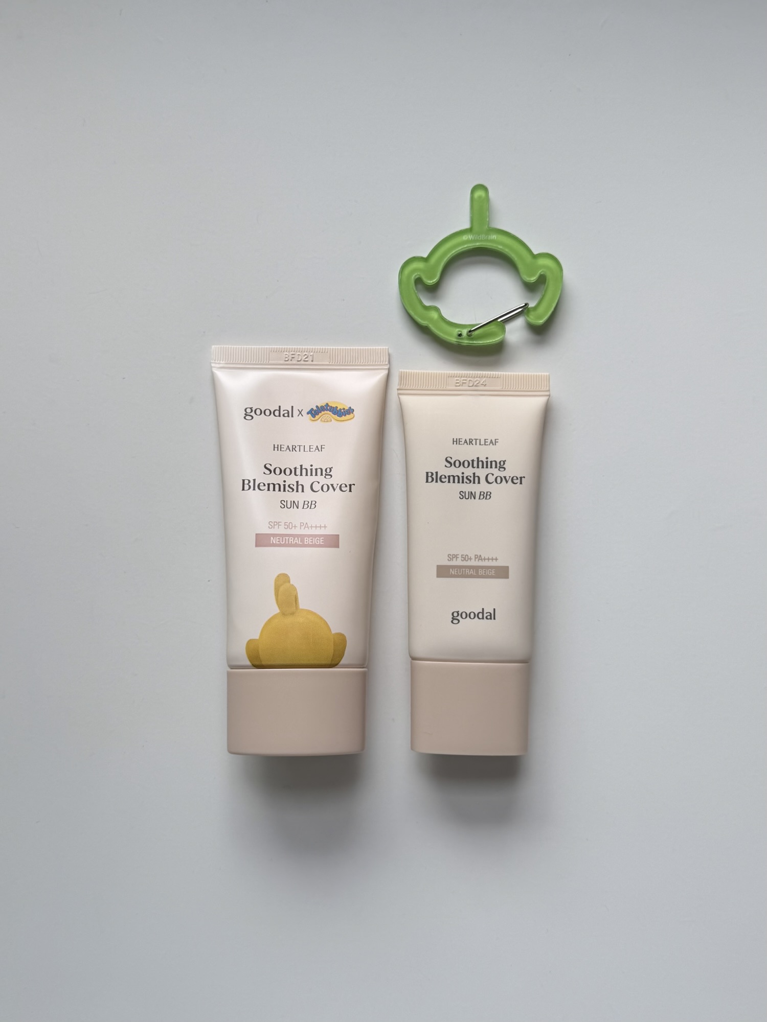 Goodal Heartleaf Soothing Blemish Cover Sun BB tube and mini tube on a white surface