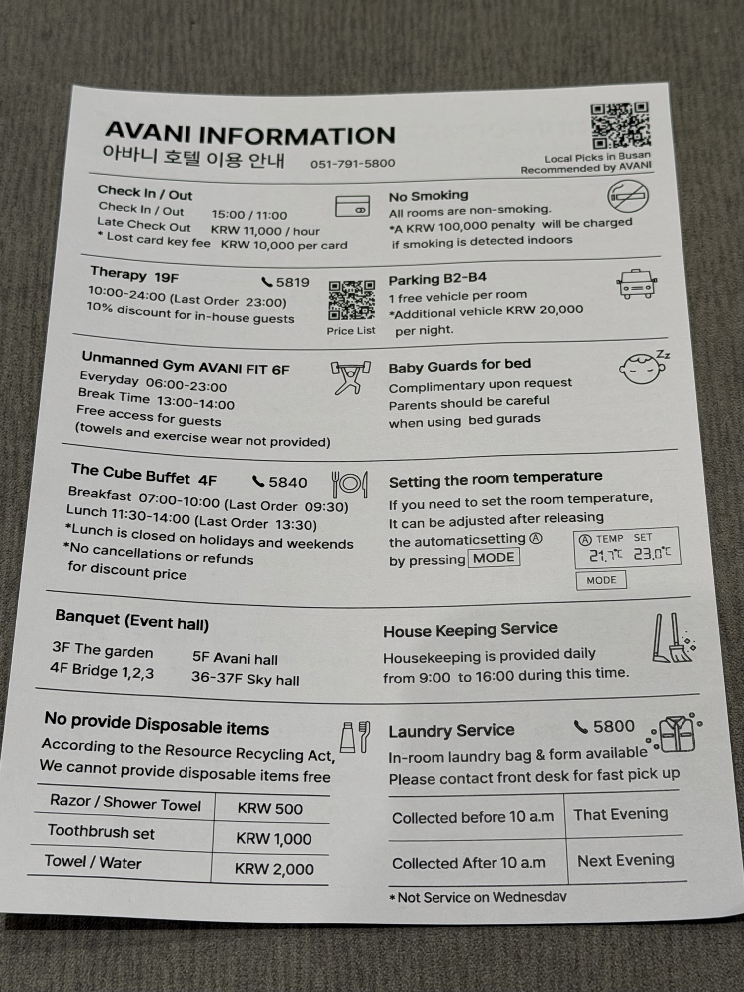 Avani Central Busan hotel information sheet
