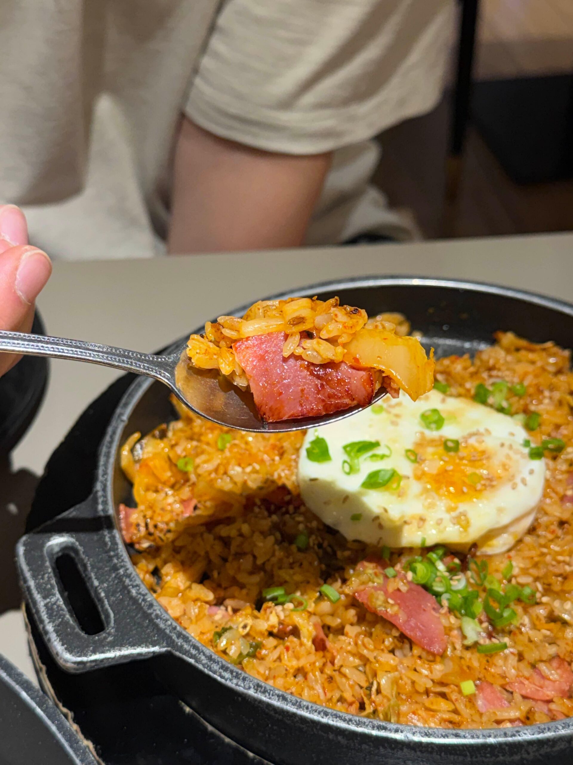 Close-up of kimchi fried rice with bacon at Lee Jaemo Pizza