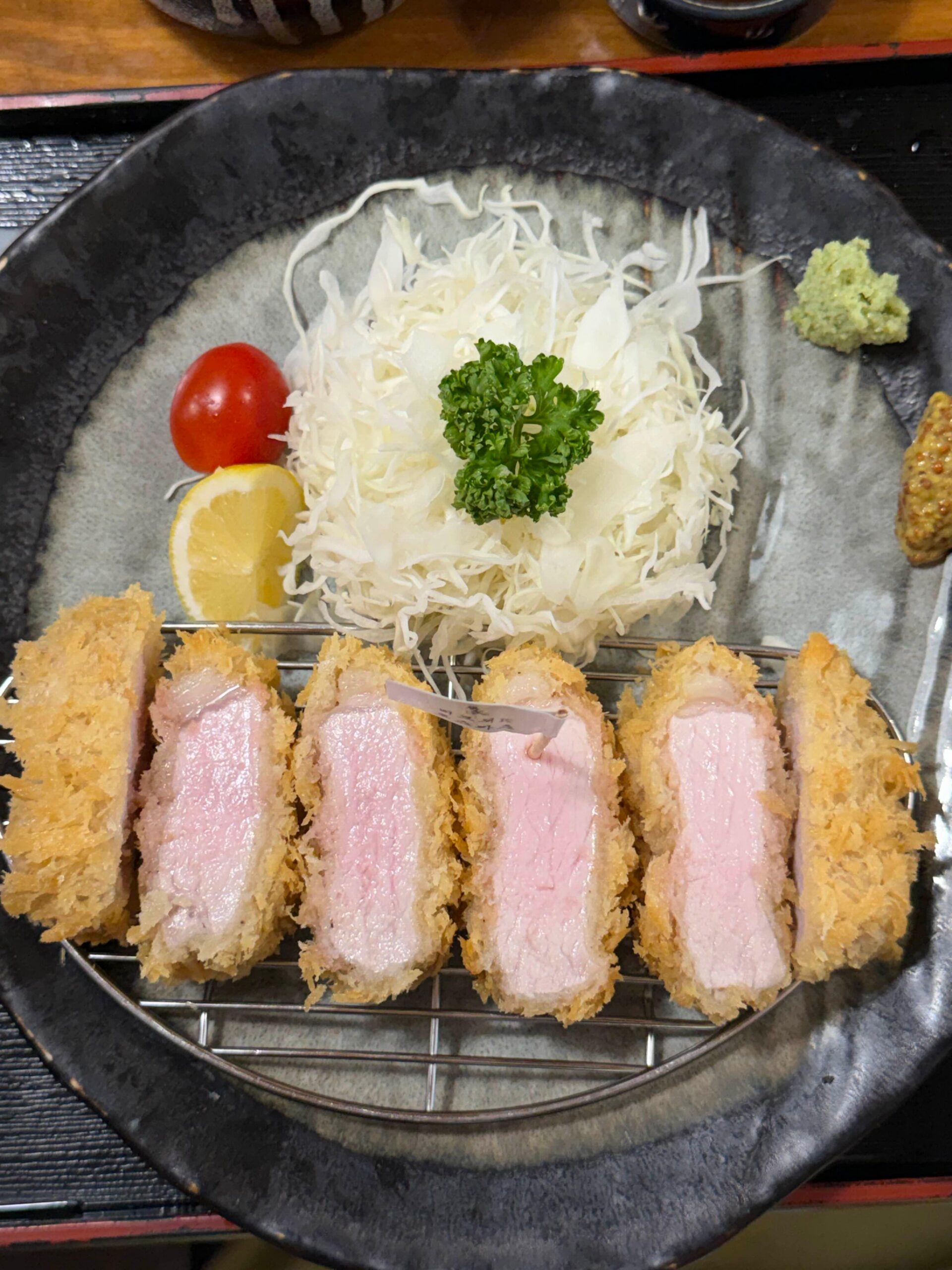 Berkshire K rosu katsu plate with cabbage, wasabi, and mustard at Tonshou Busan