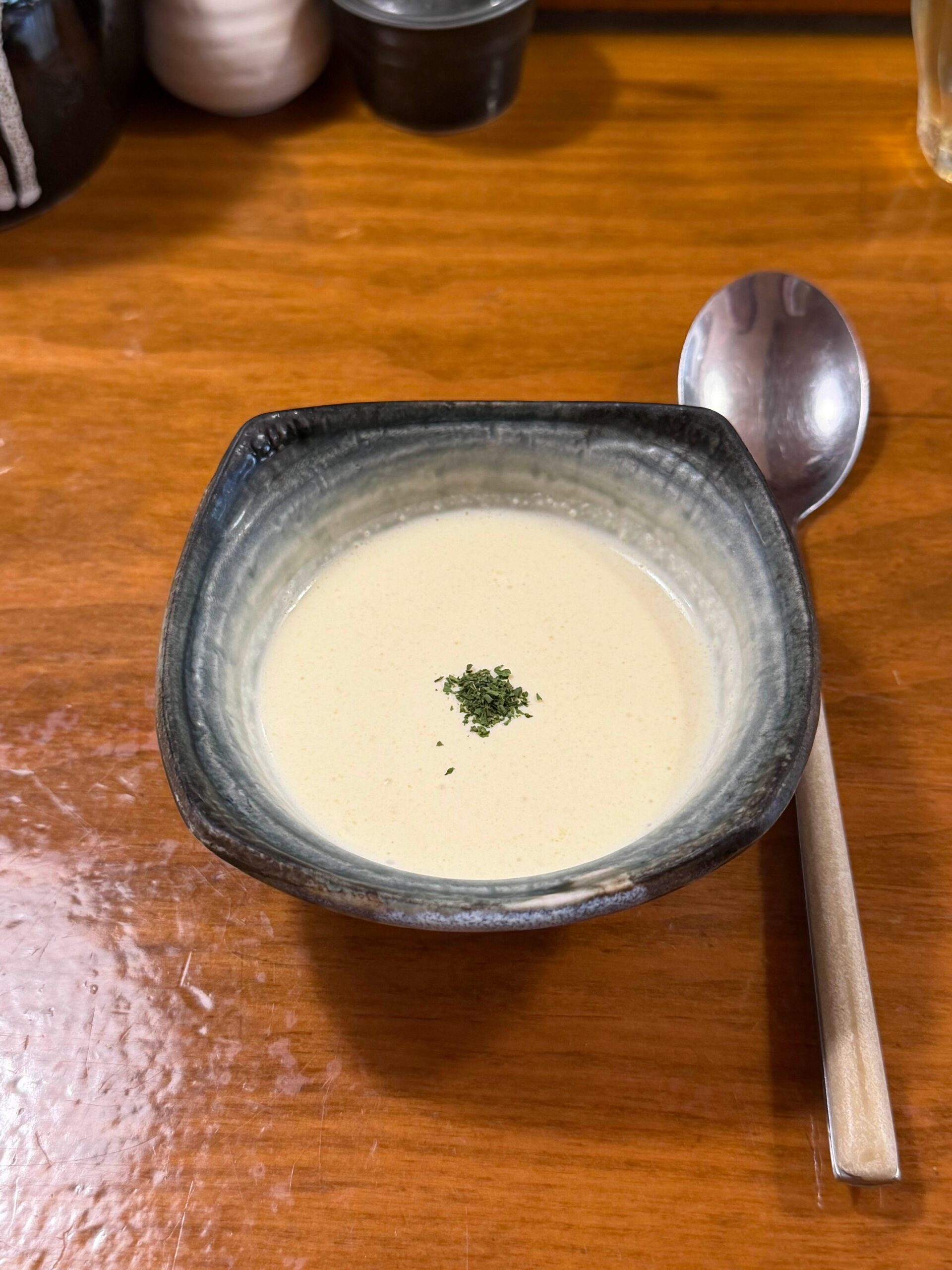 Cold corn soup served before the tonkatsu at Tonshou Busan