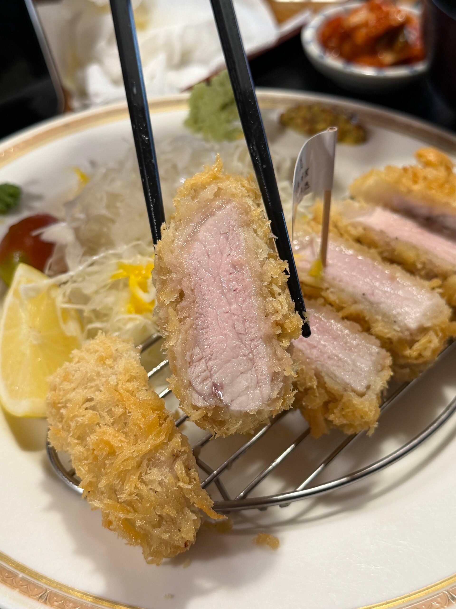 Close-up of a sliced Berkshire K rosu katsu piece at Tonshou Busan