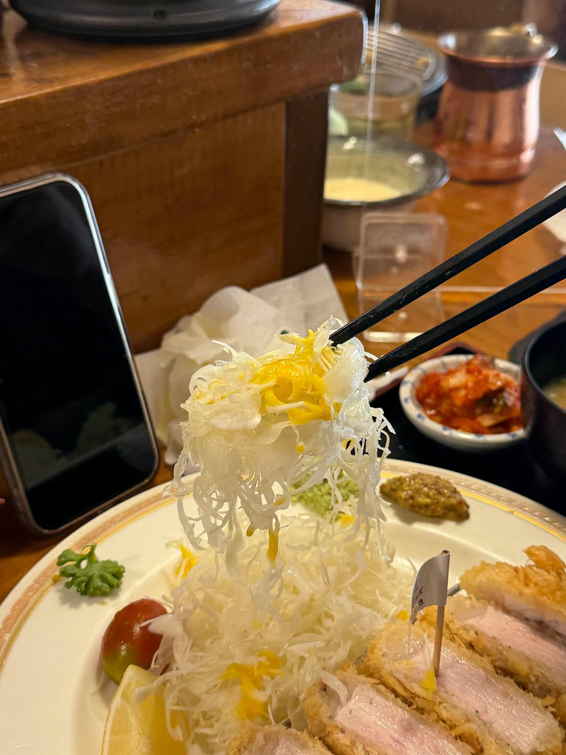 Cabbage salad with yuzu dressing beside Berkshire K rosu katsu at Tonshou Busan