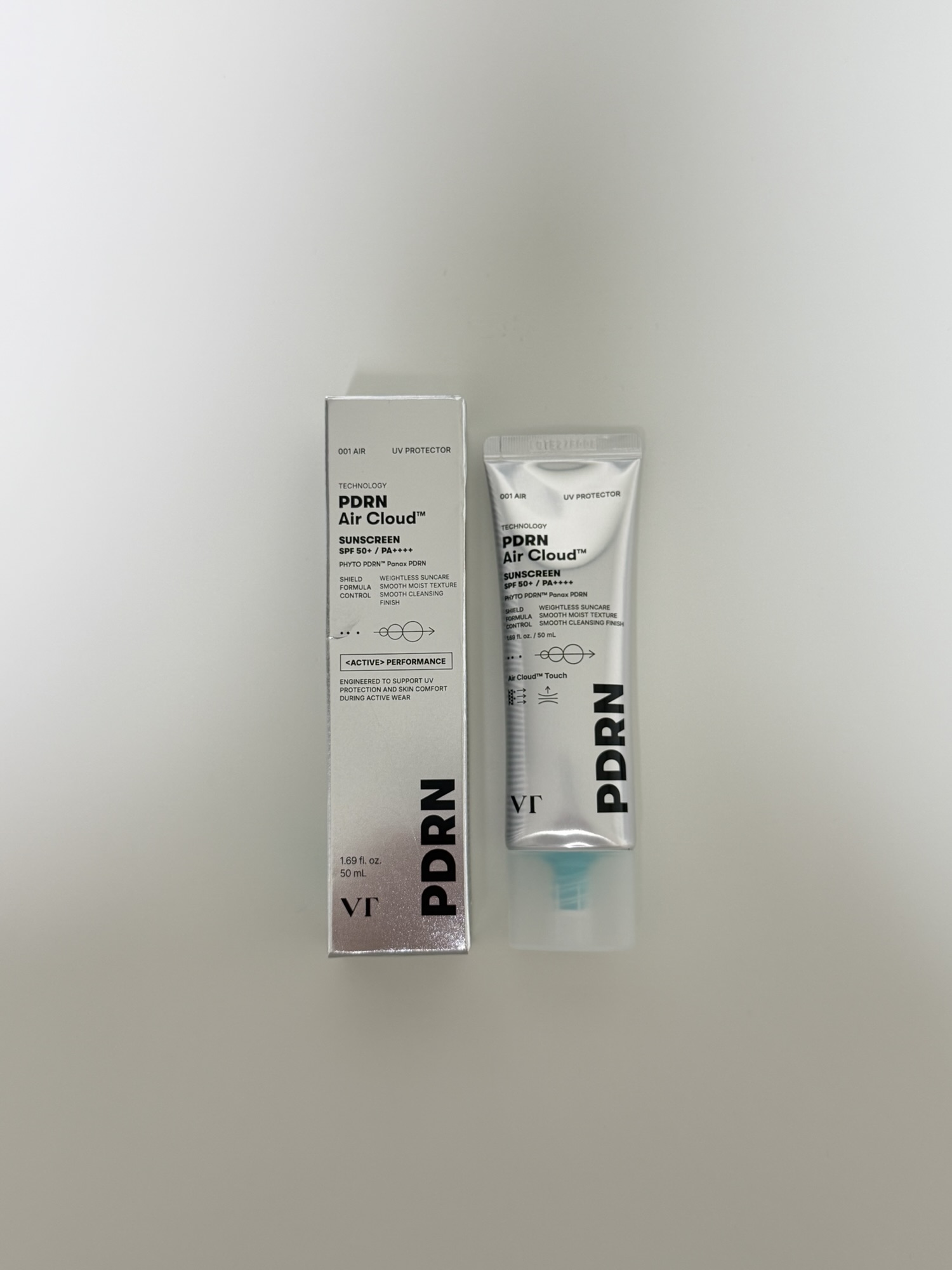 VT PDRN Air Cloud Sunscreen product box with functional skincare information
