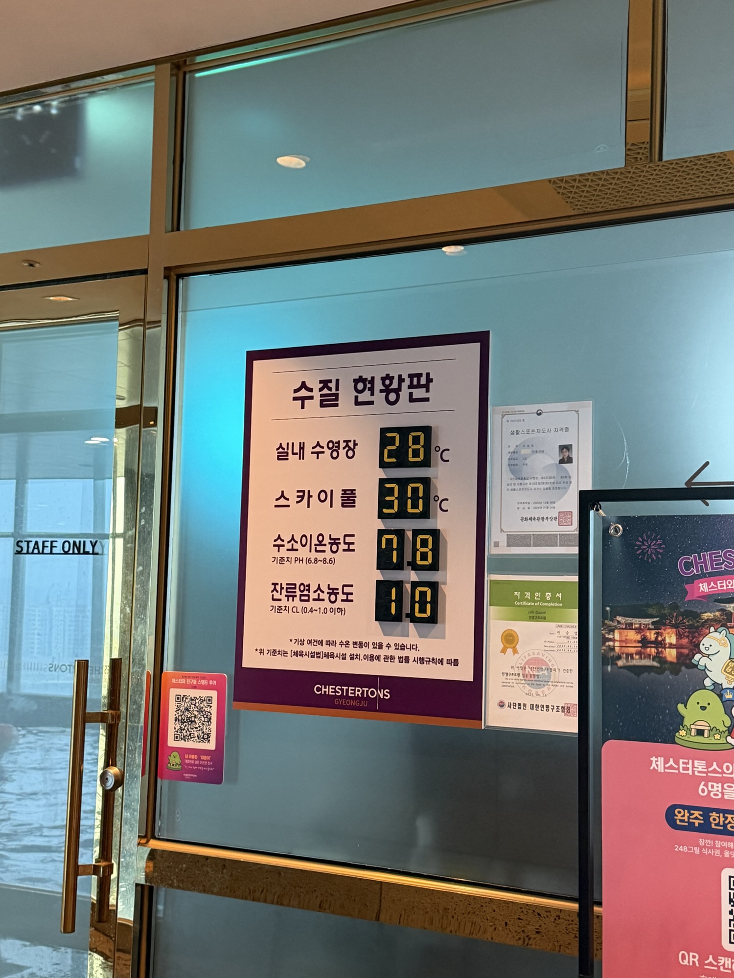 Pool temperature and water-quality information board at Chestertons Gyeongju